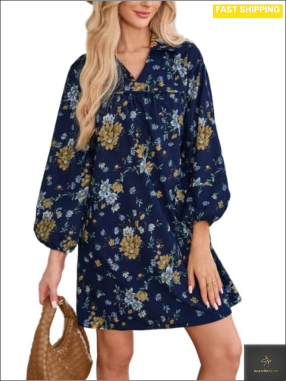 Womens Corduroy Babydoll Dress Floral V-Neck Long Sleeve Mini Pocket